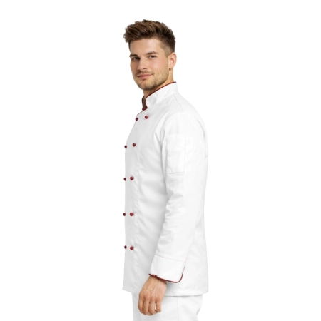 Bluza kucharska biała długi rękaw lamówka bordowa roz.XXL – bluza kucharska – odzież gastronomiczna dla kucharzy - inne ujęcie